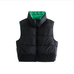 Zara Black and Green Reversible Puffer Vest for Women